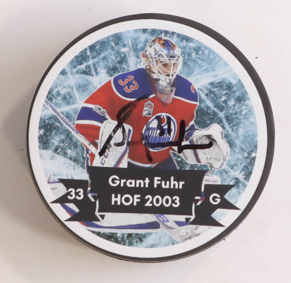 Grant Fuhr Signed Hall of Fame Logo Hockey Puck (AWM)