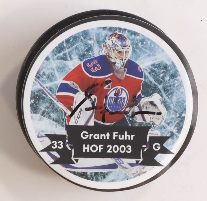 Grant Fuhr Signed Hall of Fame Logo Hockey Puck (AWM)