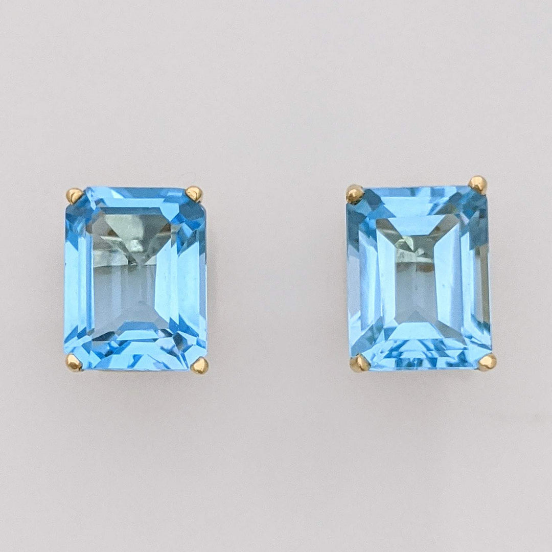 14K BLUE TOPAZ EMERALD CUT 7X9 ESTATE STUD EARRINGS 2.2 GRAMS