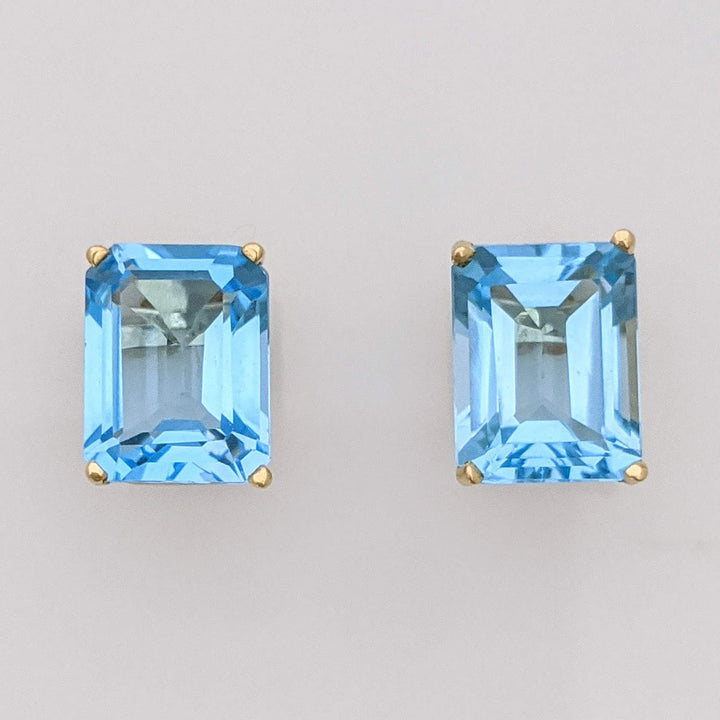 14K BLUE TOPAZ EMERALD CUT 7X9 ESTATE STUD EARRINGS 2.2 GRAMS