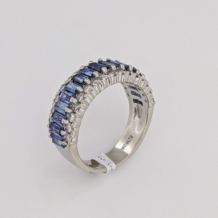 14K WHITE LAB-CREATED SAPPHIRE BAGUETTE (17) 2X4 WITH .48 DIAMOND TOTAL WEIGHT ESTATE BAND 7.2 GRAMS