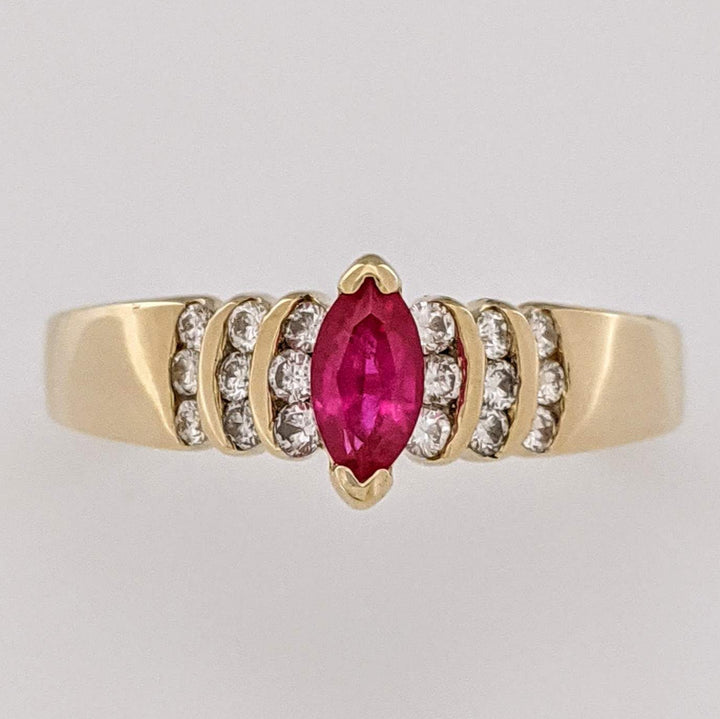 14K RUBY MARQUISE 3X6 WITH .18 DIAMOND TOTAL WEIGHT ROUND (18) ESTATE RING 2.8 GRAMS