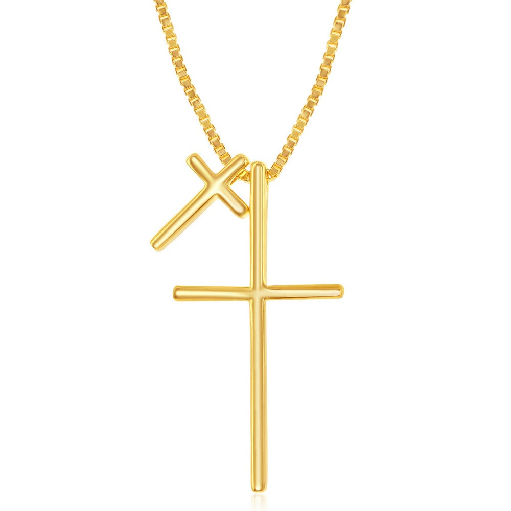 Sterling Silver, Double Cross Necklace - Gold Plated