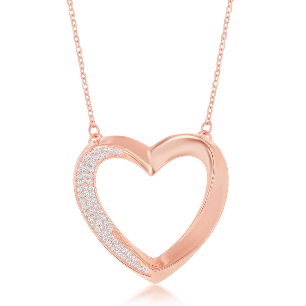 Sterling Silver Half Micro Pave Twisted Open Heart Necklace Rose