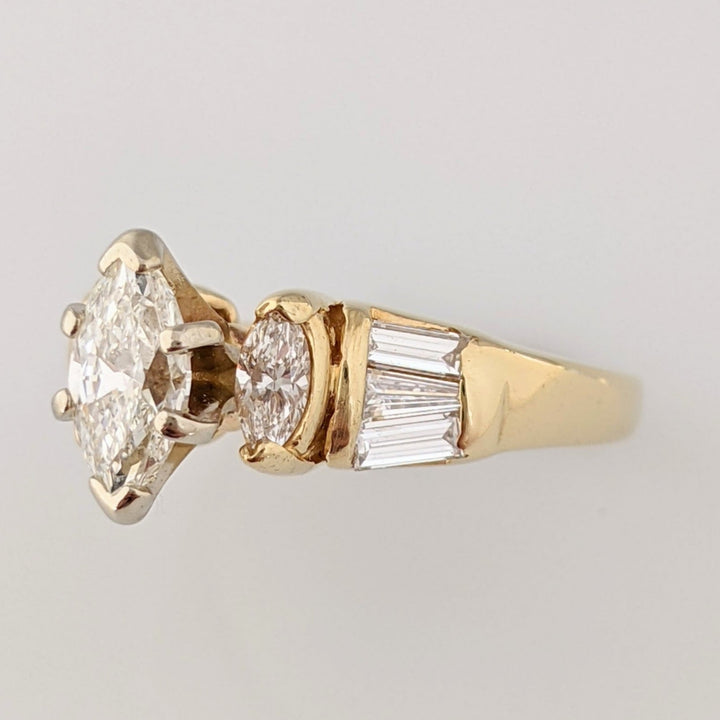 14k 1.20 CARAT TOTAL WEIGHT SI1 H DIAMOND MARQUISE (3) BAGUETTES (6) ESTATE RING 3.8 GRAMS