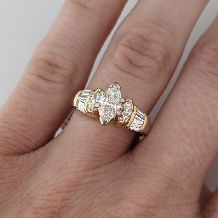 14k 1.20 CARAT TOTAL WEIGHT SI1 H DIAMOND MARQUISE (3) BAGUETTES (6) ESTATE RING 3.8 GRAMS