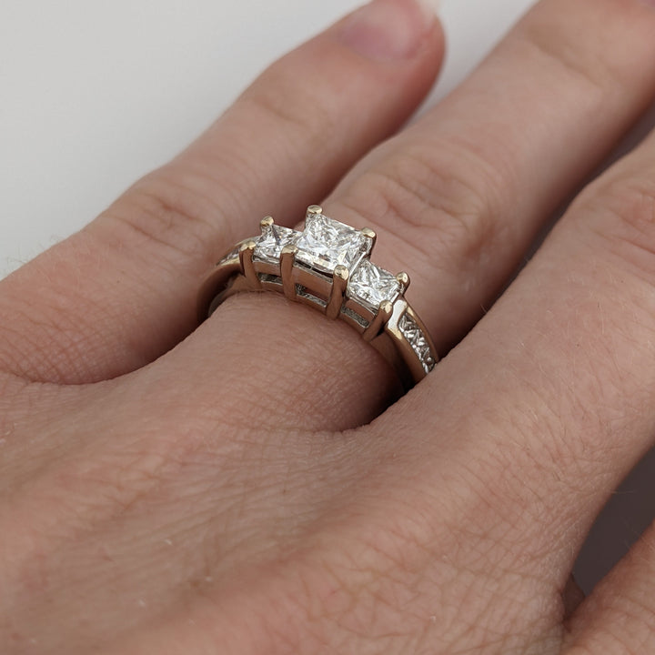 14K WHITE 1.08 CARAT TOTAL WEIGHT SI1 H DIAMOND PRINCESS CUT (9) TRINITY ESTATE RING 3.5 GRAMS