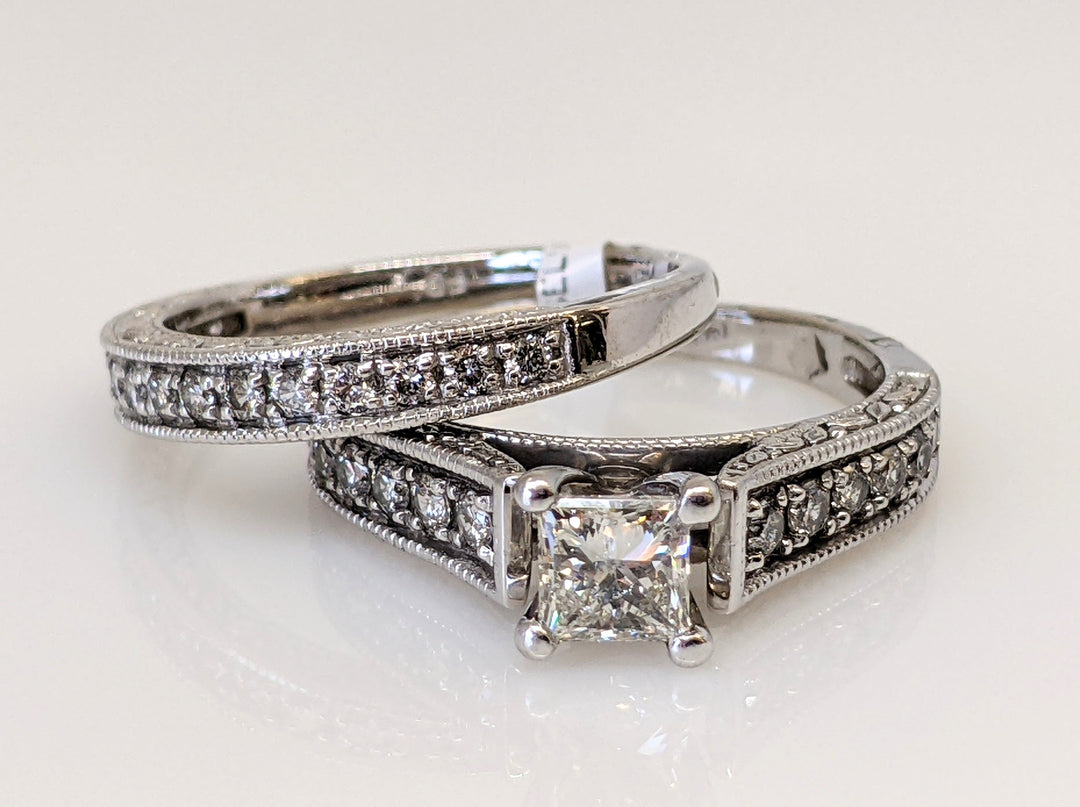 14K WHITE .95 CARAT TOTAL WEIGHT SI2 I DIAMOND PRINCESS CUT WITH (27) ROUND ESTATE RING/BAND SET 5.3 GRAMS