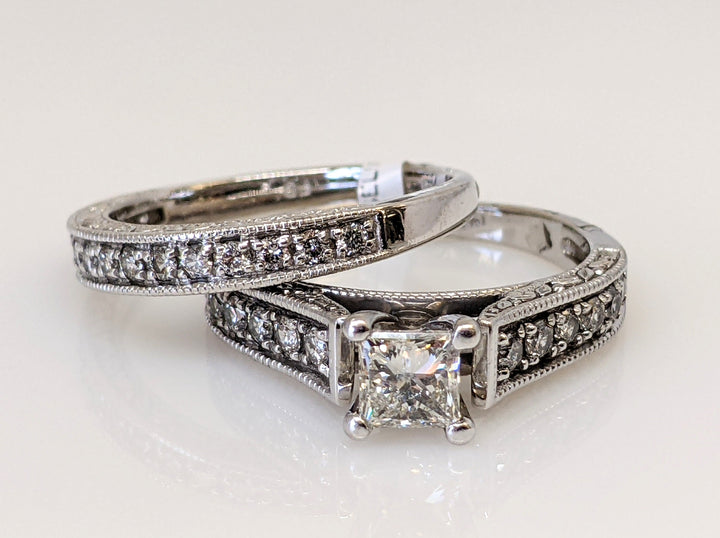 14K WHITE .95 CARAT TOTAL WEIGHT SI2 I DIAMOND PRINCESS CUT WITH (27) ROUND ESTATE RING/BAND SET 5.3 GRAMS