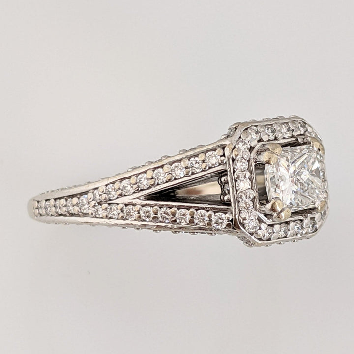 14K WHITE 1.58 CARAT TOTAL WEIGHT SI2 I DIAMOND PRINCESS CUT (1) ROUND (143) HALO ESTATE RING 5.0 GRAMS