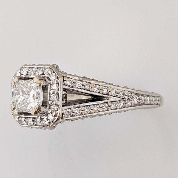 14K WHITE 1.58 CARAT TOTAL WEIGHT SI2 I DIAMOND PRINCESS CUT (1) ROUND (143) HALO ESTATE RING 5.0 GRAMS