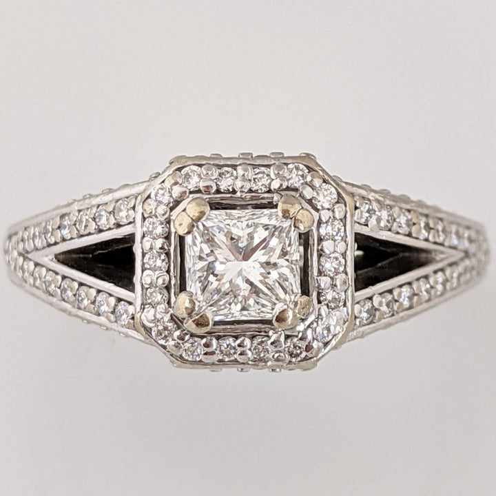 14K WHITE 1.58 CARAT TOTAL WEIGHT SI2 I DIAMOND PRINCESS CUT (1) ROUND (143) HALO ESTATE RING 5.0 GRAMS