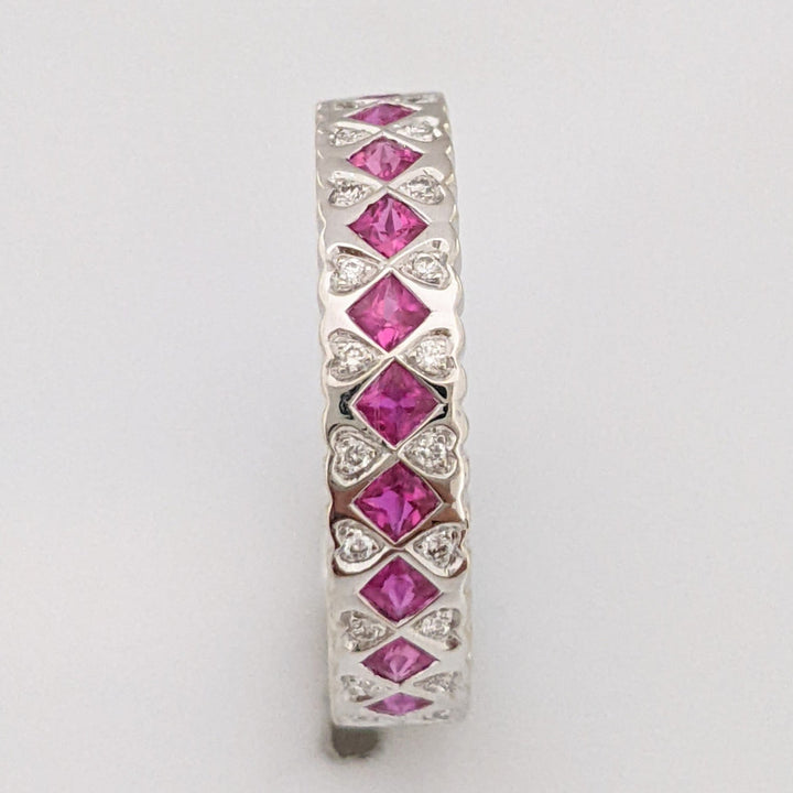 14K WHITE RUBY .99 CARAT TOTAL WEIGHT PRINCESS CUT WITH .14 CARAT TOTAL WEIGHT ESTATE BAND 3.9 GRAMS