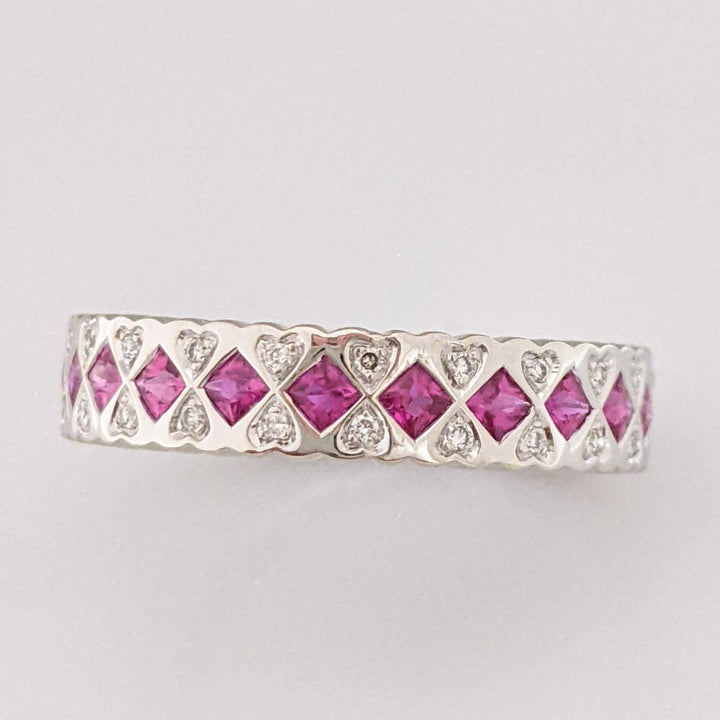 14K WHITE RUBY .99 CARAT TOTAL WEIGHT PRINCESS CUT WITH .14 CARAT TOTAL WEIGHT ESTATE BAND 3.9 GRAMS