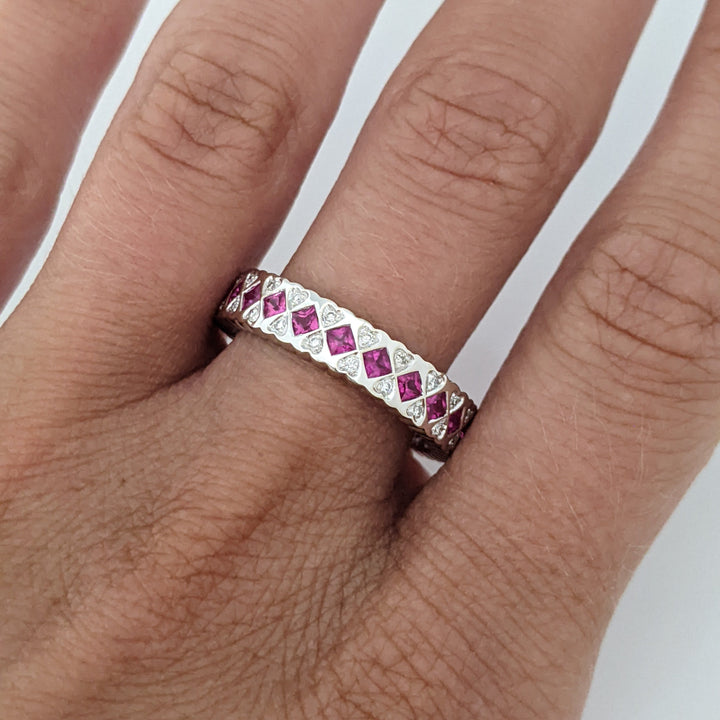 14K WHITE RUBY .99 CARAT TOTAL WEIGHT PRINCESS CUT WITH .14 CARAT TOTAL WEIGHT ESTATE BAND 3.9 GRAMS