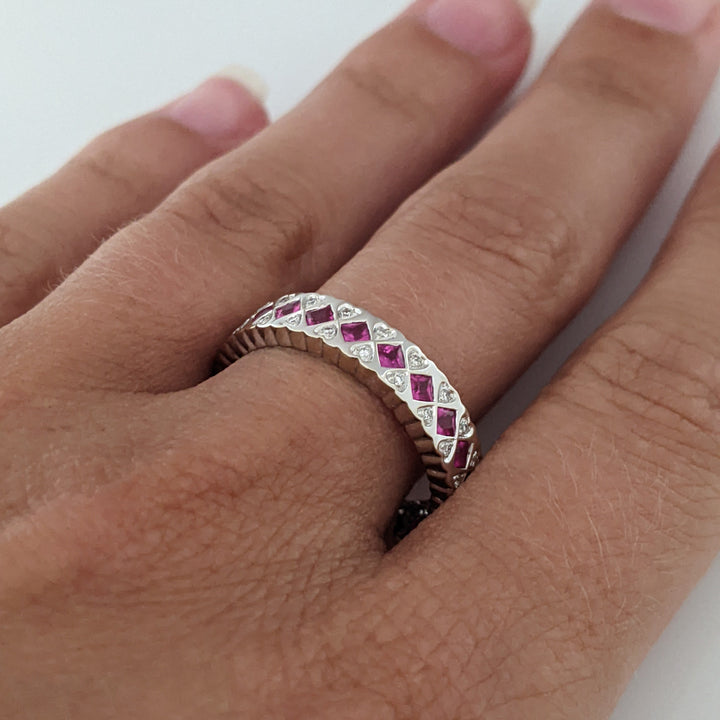 14K WHITE RUBY .99 CARAT TOTAL WEIGHT PRINCESS CUT WITH .14 CARAT TOTAL WEIGHT ESTATE BAND 3.9 GRAMS
