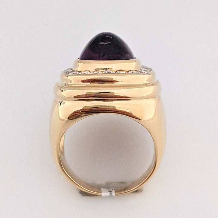 14K AMETHYST CUSHION CABOCHON 10X12 WITH .88 DIAMOND TOTAL WEIGHT 12.5 GRAMS