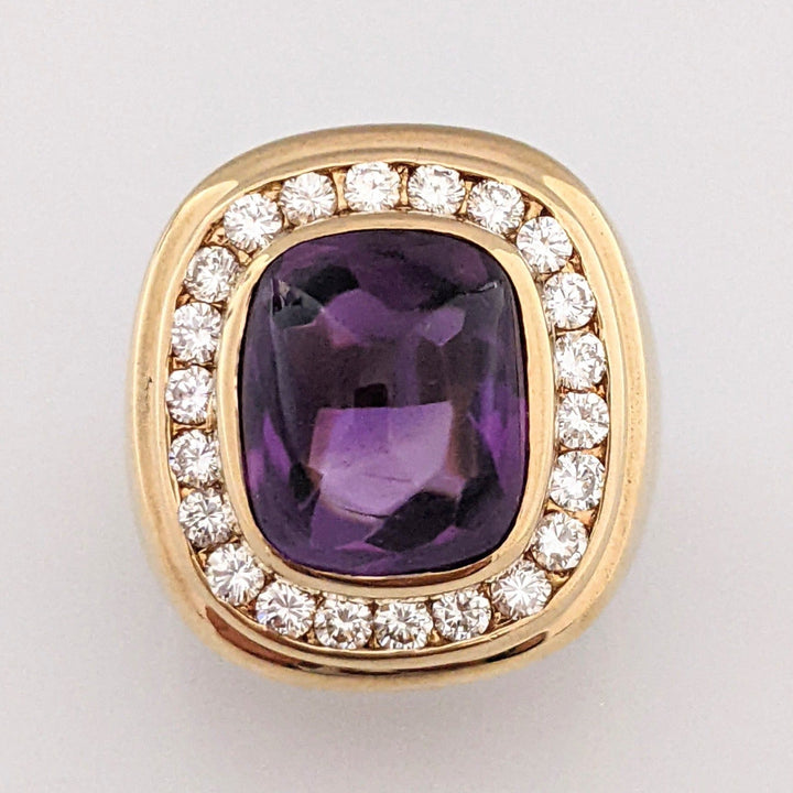 14K AMETHYST CUSHION CABOCHON 10X12 WITH .88 DIAMOND TOTAL WEIGHT 12.5 GRAMS
