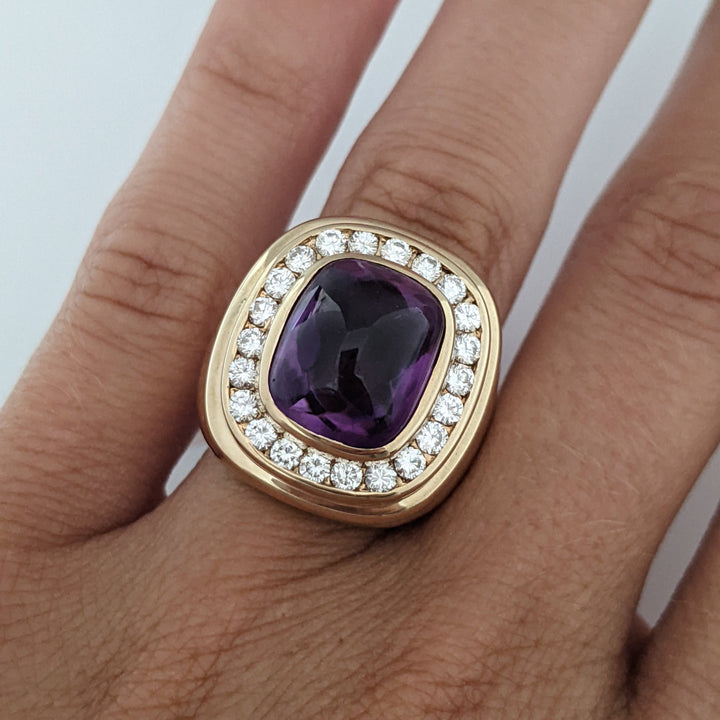 14K AMETHYST CUSHION CABOCHON 10X12 WITH .88 DIAMOND TOTAL WEIGHT 12.5 GRAMS