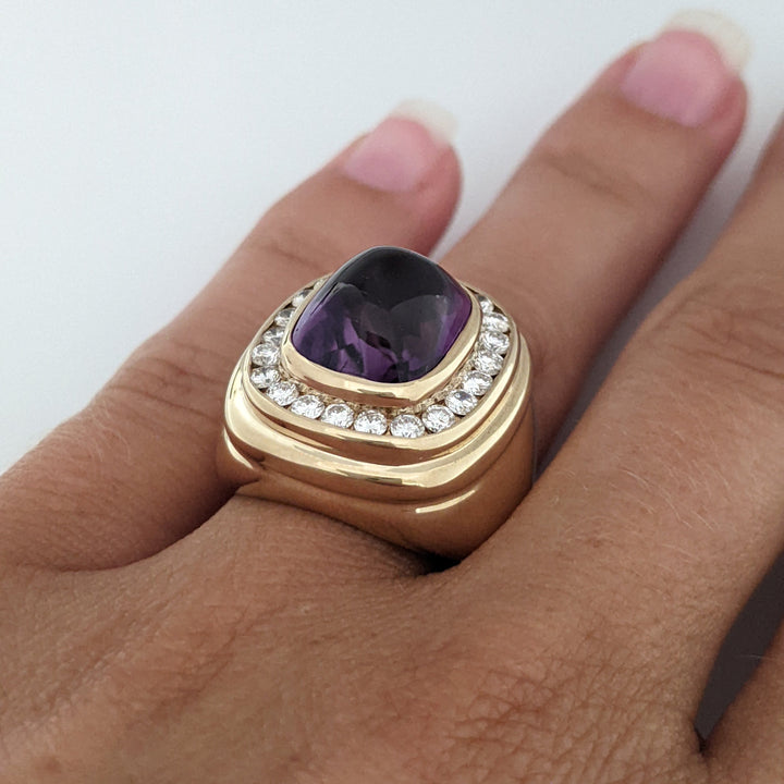 14K AMETHYST CUSHION CABOCHON 10X12 WITH .88 DIAMOND TOTAL WEIGHT 12.5 GRAMS
