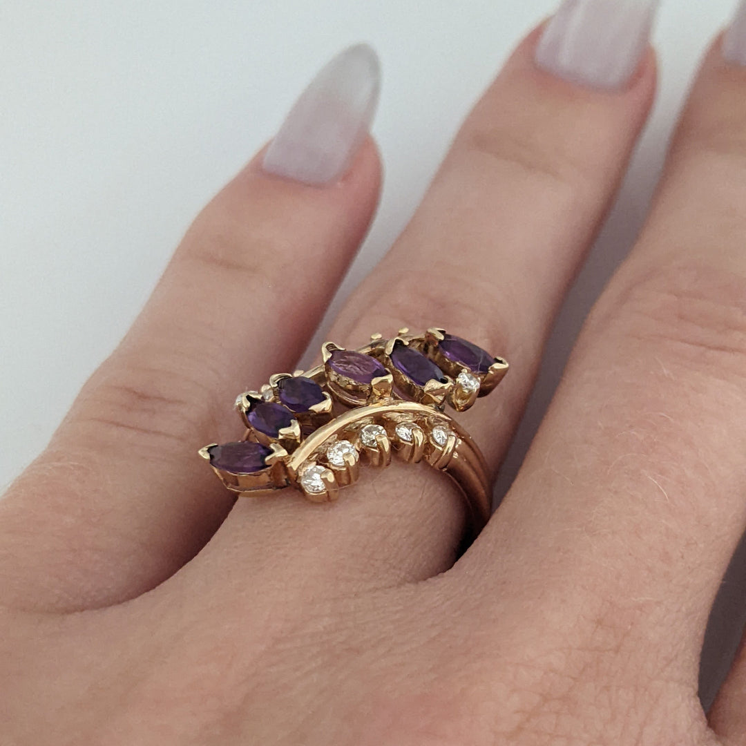 14K AMETHYST MARQUISE (6) 2.5X5 WITH 12 DIAMONDS 3.9 GRAMS