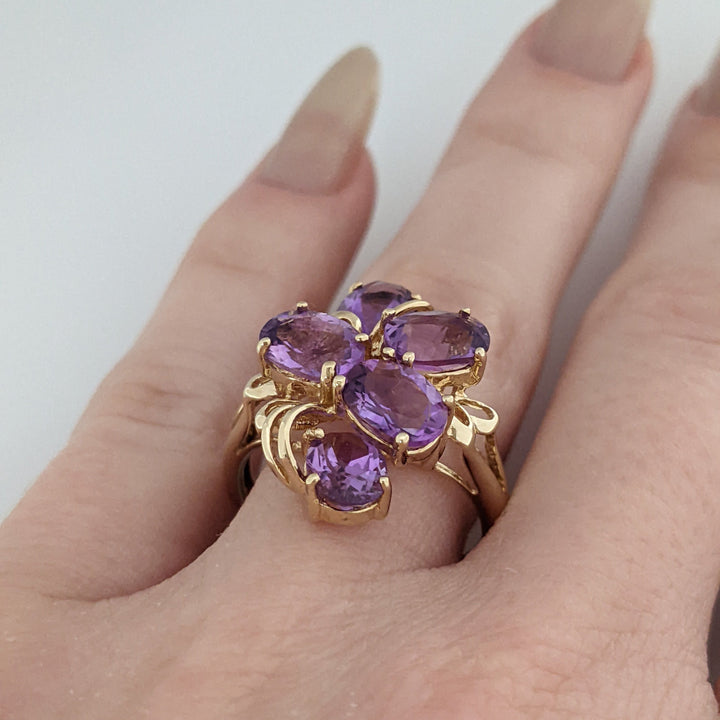 10K AMETHYST OVAL (5) 5X7 CLUSTER ESTATE RING 4.1 GRAMS