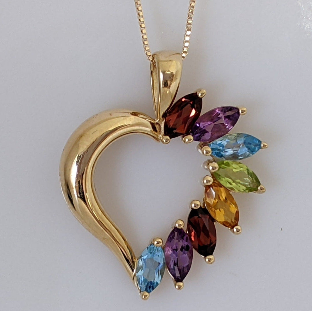 14K MULTI-GEMSTONE MARQUISE (8) 3X6 HEART DESIGN PENDANT & CHAIN 4.1 GRAMS