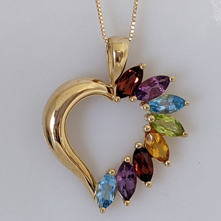 14K MULTI-GEMSTONE MARQUISE (8) 3X6 HEART DESIGN PENDANT & CHAIN 4.1 GRAMS