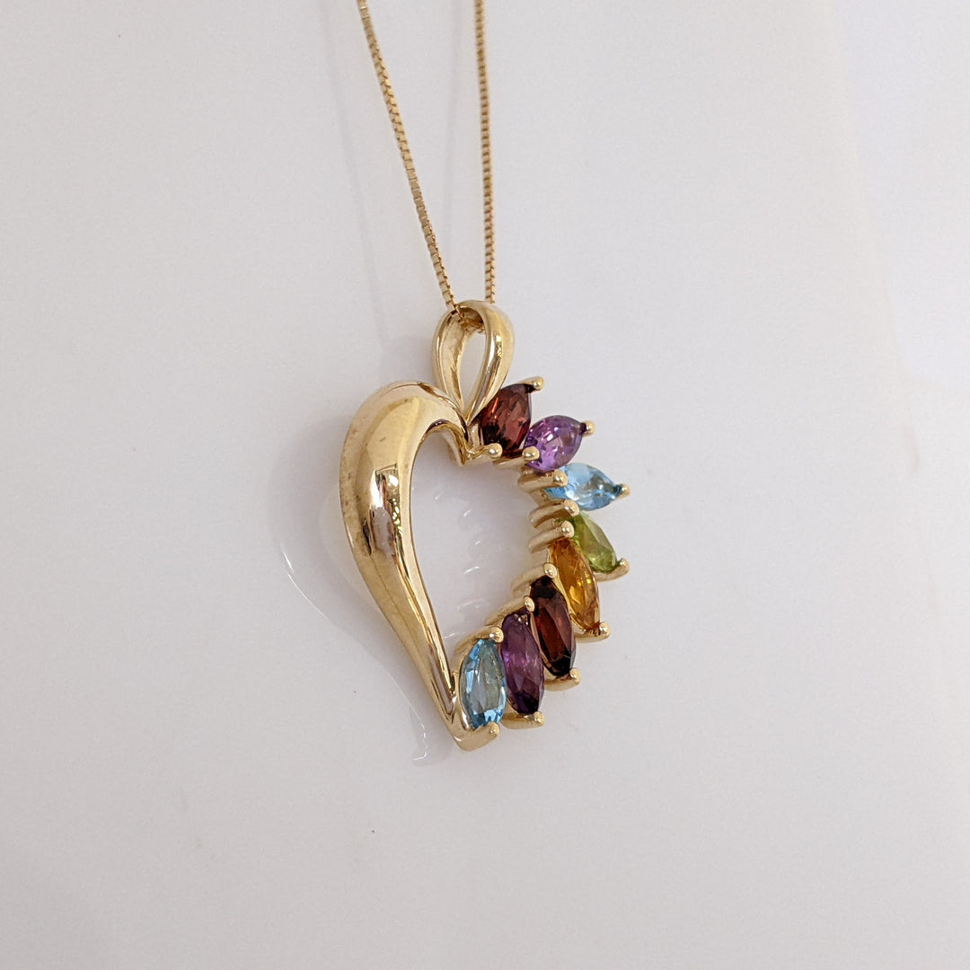 14K MULTI-GEMSTONE MARQUISE (8) 3X6 HEART DESIGN PENDANT & CHAIN 4.1 GRAMS