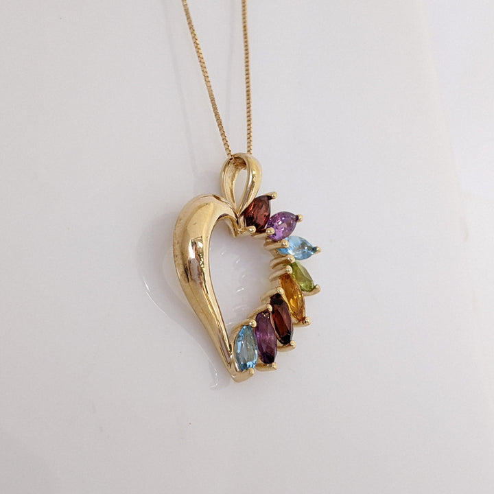 14K MULTI-GEMSTONE MARQUISE (8) 3X6 HEART DESIGN PENDANT & CHAIN 4.1 GRAMS
