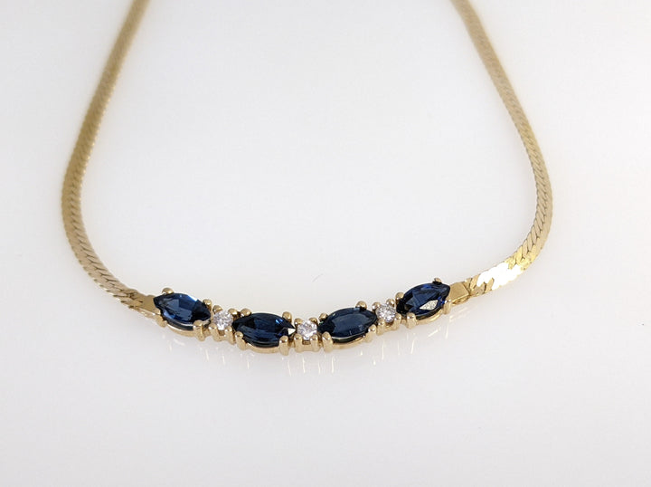14K SAPPHIRE MARQUISE (4) 3X6 WITH THREE DIAMONDS ESTATE NECKLACE 5.1 GRAMS