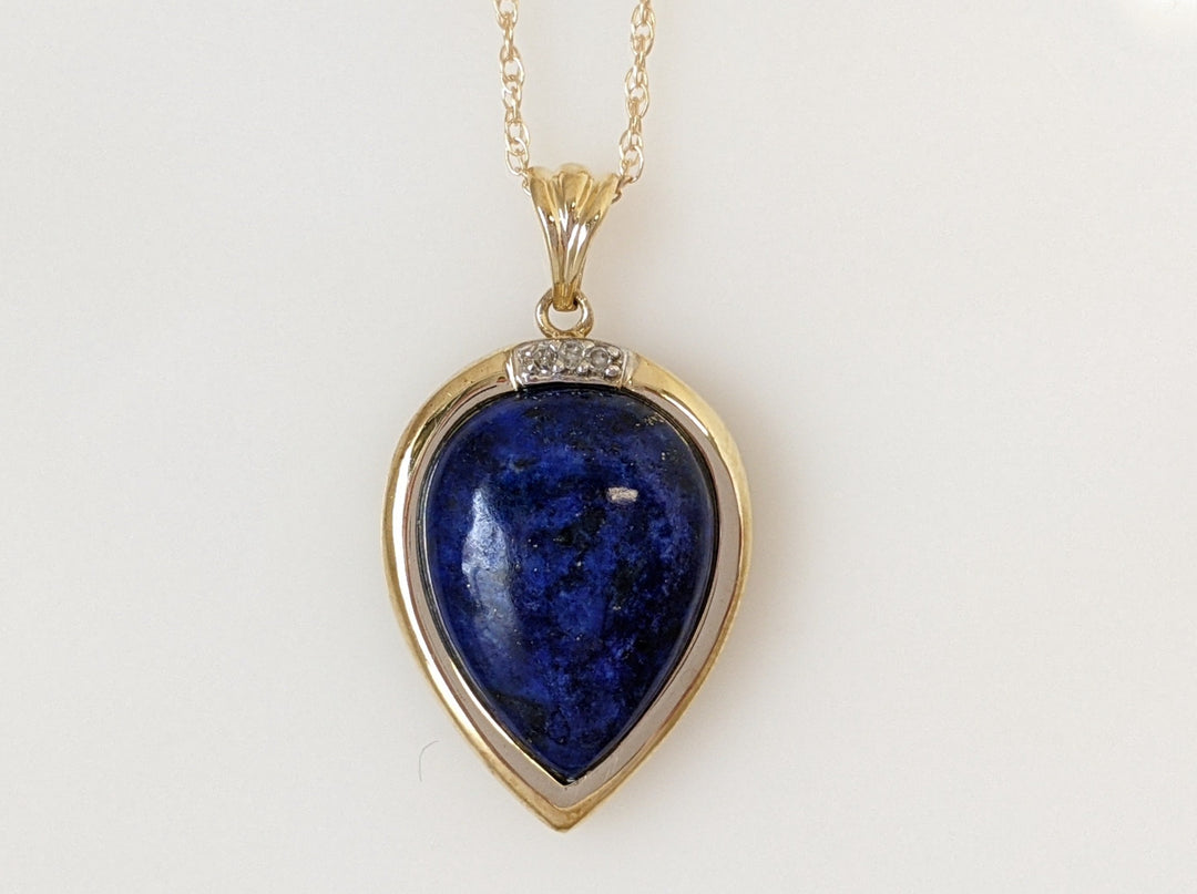 10K LAPIS PEAR 12X16 WITH THREE DIAMONDS PENDANT AND CHAIN 3.7 GRAMS