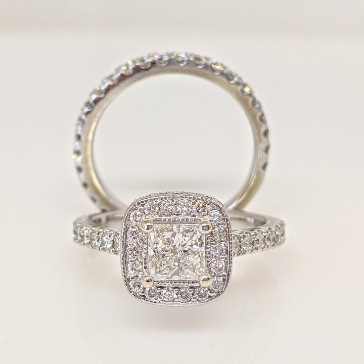 14K WHITE 1.61 CARAT TOTAL WEIGHT DIAMOND PRINCESS CUT WITH (90) MELEE ESTATE RING & BAND SET 5.5 GRAMS