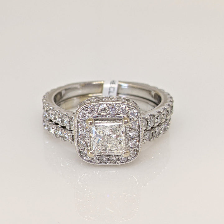 14K WHITE 1.61 CARAT TOTAL WEIGHT DIAMOND PRINCESS CUT WITH (90) MELEE ESTATE RING & BAND SET 5.5 GRAMS