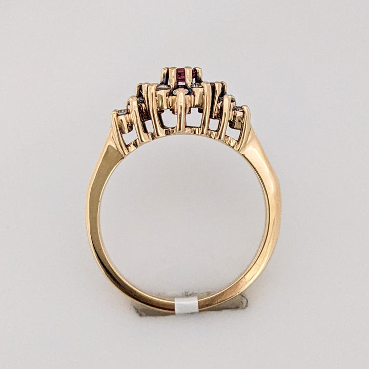 14K RUBY ROUND (3) STONES WITH (12) DIAMONDS .24 DIAMOND TOTAL WEIGHT ESTATE RING 3.7 GRAMS