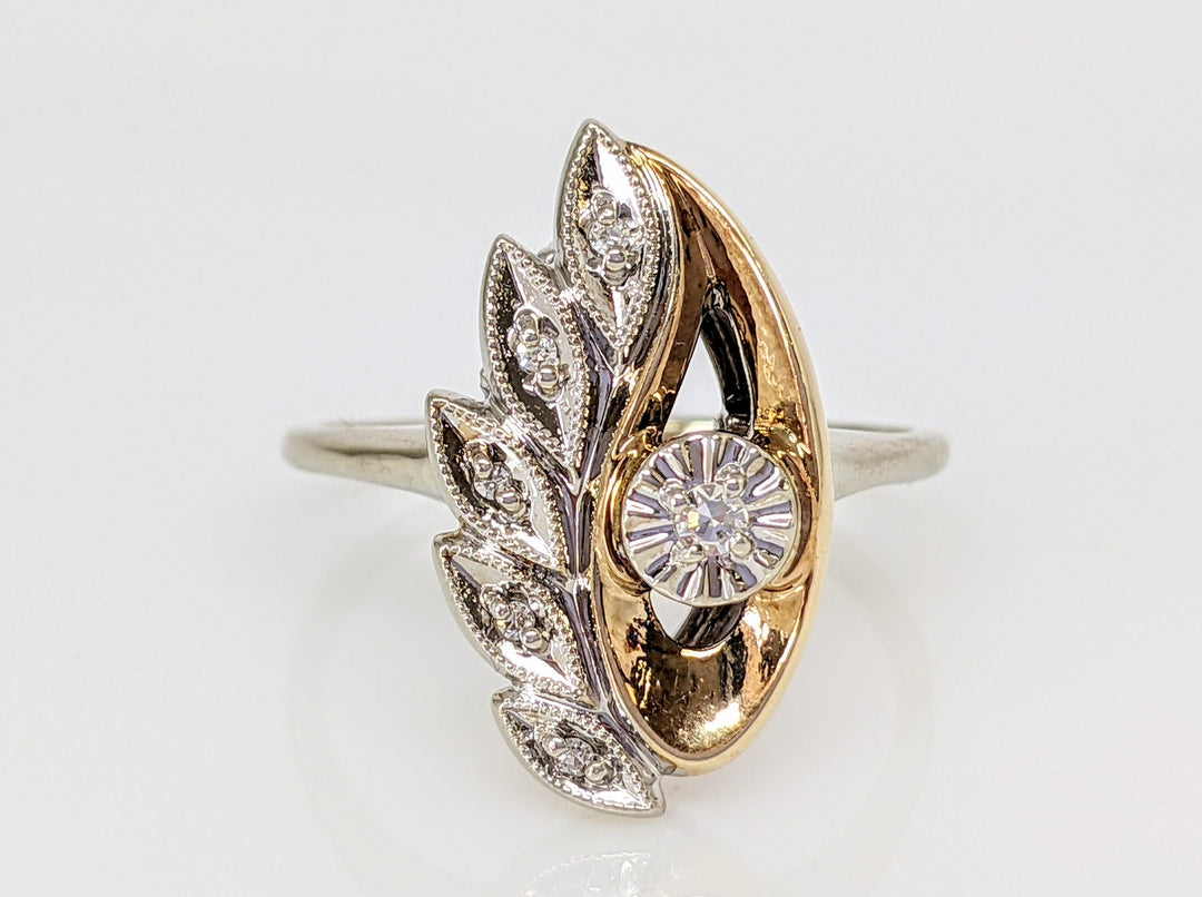 14K TWO-TONE .09 CARAT TOTAL DIAMOND ROUND VVS1 I (6) ESTATE LEAF STYLE RING 4.6 GRAMS