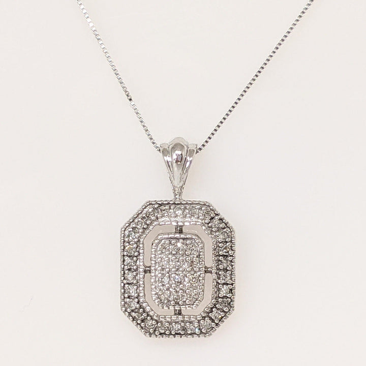 10K WHITE ROUND DIAMOND OCTAGON SHAPE ESTATE PENDANT & CHAIN 3.2 GRAMS