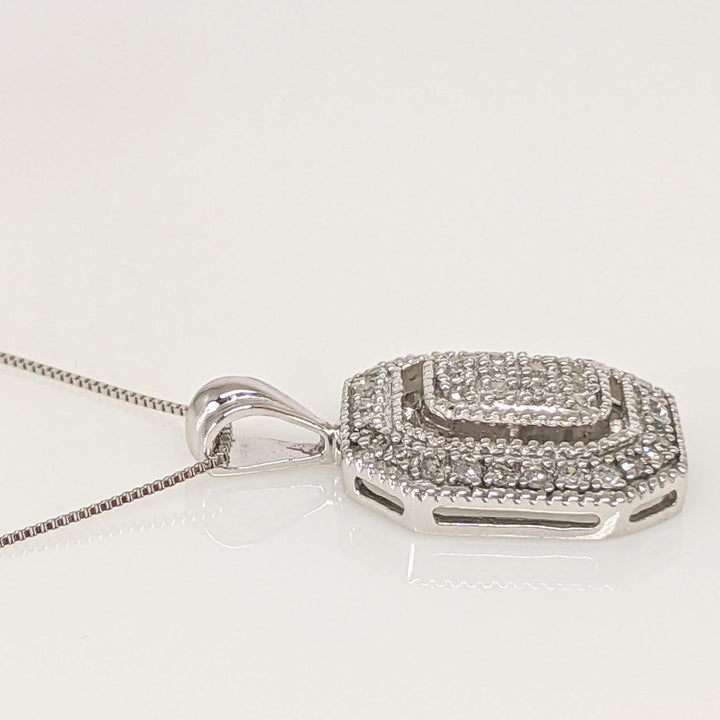 10K WHITE ROUND DIAMOND OCTAGON SHAPE ESTATE PENDANT & CHAIN 3.2 GRAMS