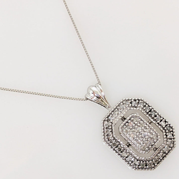 10K WHITE ROUND DIAMOND OCTAGON SHAPE ESTATE PENDANT & CHAIN 3.2 GRAMS