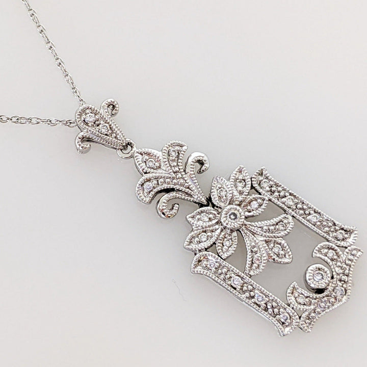 14K WHITE .14 CARAT TOTAL WEIGHT DIAMOND ROUND CHANDELIER ESTATE PENDANT & CHAIN 3.7 GRAMS