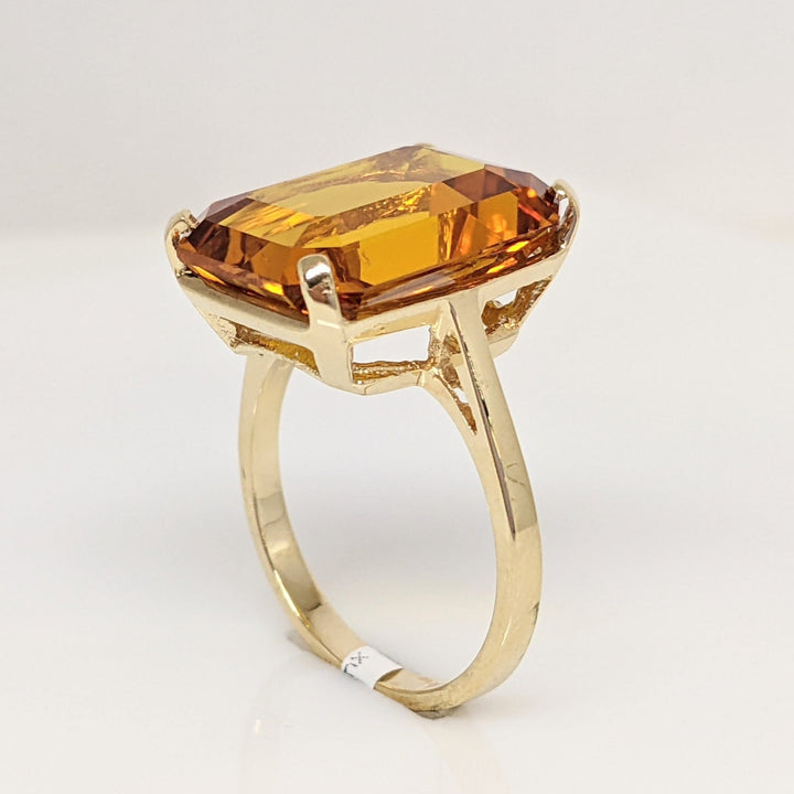 10K LAB-CREATED ORANGE SAPPHIRE EMERALD CUT 12X16 ESTATE RING 5.2 GRAMS