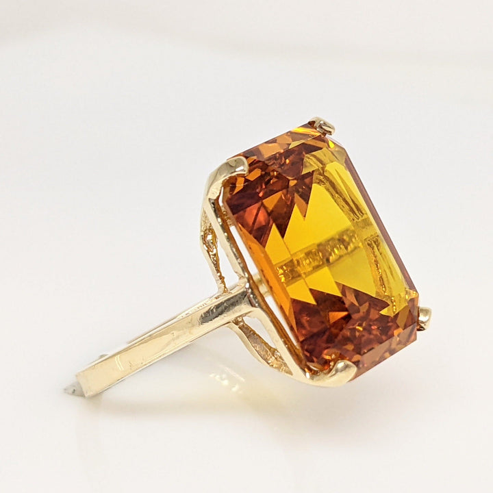 10K LAB-CREATED ORANGE SAPPHIRE EMERALD CUT 12X16 ESTATE RING 5.2 GRAMS