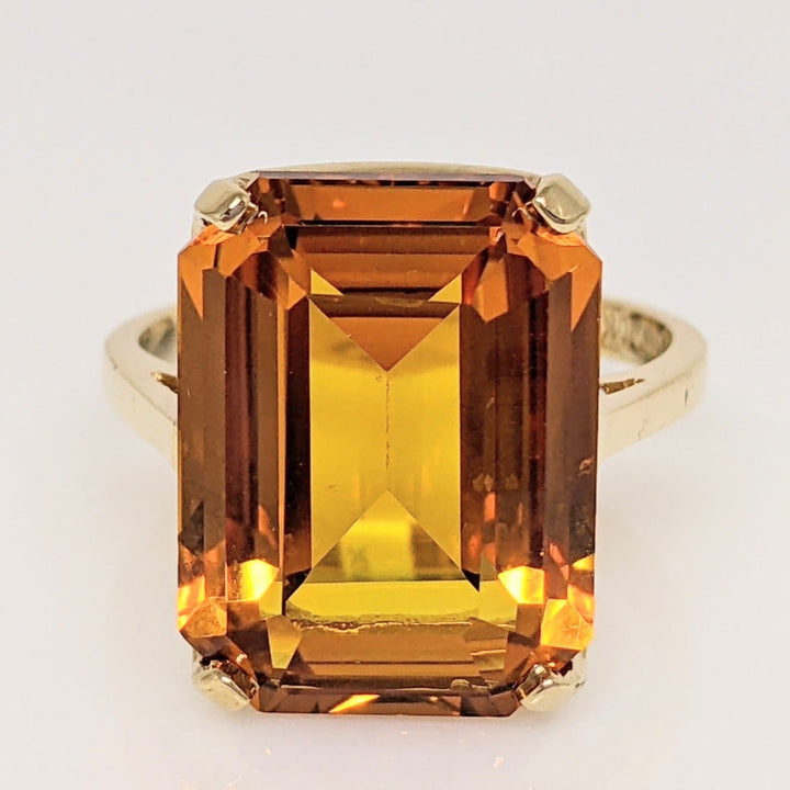 10K LAB-CREATED ORANGE SAPPHIRE EMERALD CUT 12X16 ESTATE RING 5.2 GRAMS