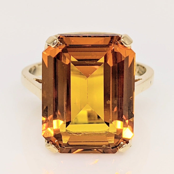 10K LAB-CREATED ORANGE SAPPHIRE EMERALD CUT 12X16 ESTATE RING 5.2 GRAMS