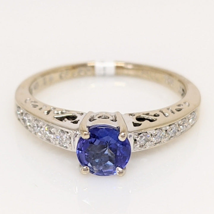 18K WHITE TANZANITE ROUND .65 CARAT TOTAL WITH .14 DIAMOND TOTAL WEIGHT (10) ROUND ESTATE RING 3.8 GRAMS