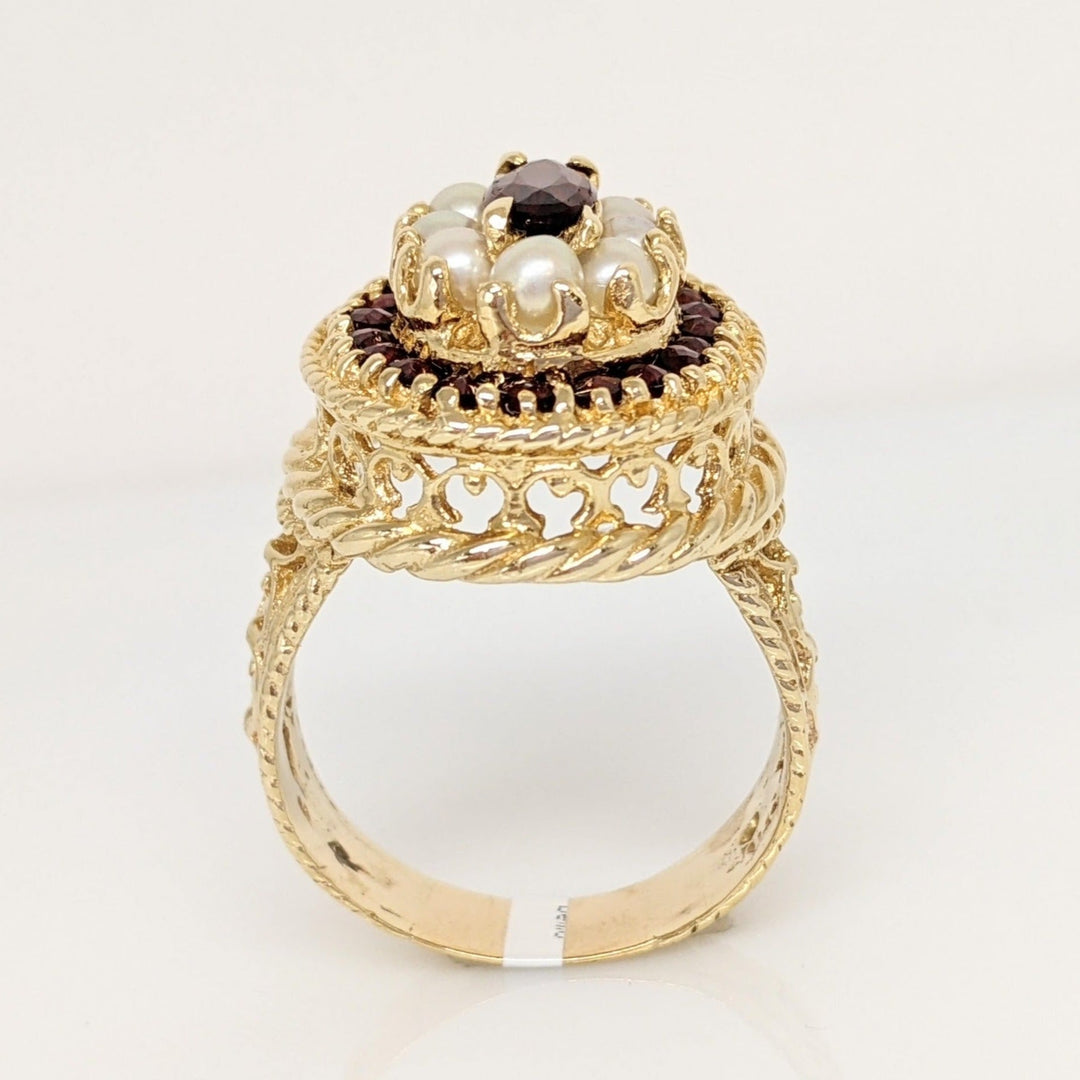 14K GARNET OVAL 4X8 WITH ROUND GARNET AND PEARL ESTATE RING 10.9 GRAMS
