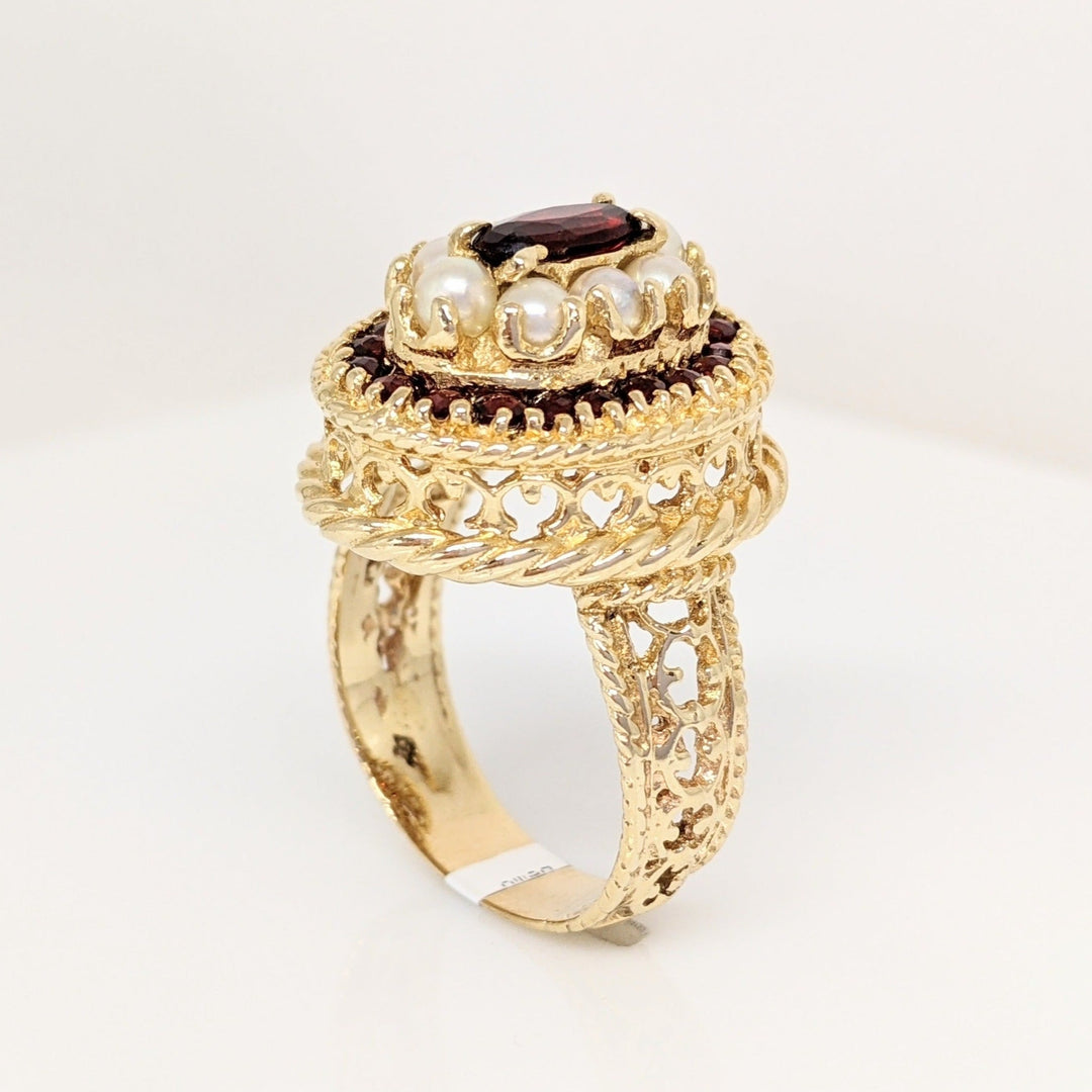 14K GARNET OVAL 4X8 WITH ROUND GARNET AND PEARL ESTATE RING 10.9 GRAMS