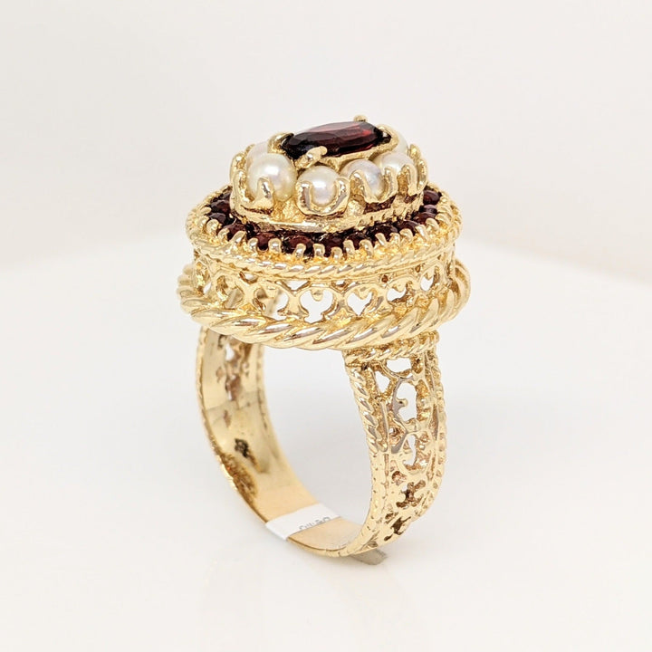 14K GARNET OVAL 4X8 WITH ROUND GARNET AND PEARL ESTATE RING 10.9 GRAMS