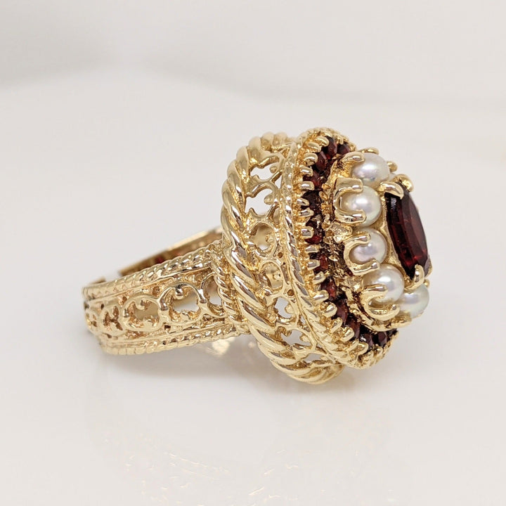 14K GARNET OVAL 4X8 WITH ROUND GARNET AND PEARL ESTATE RING 10.9 GRAMS