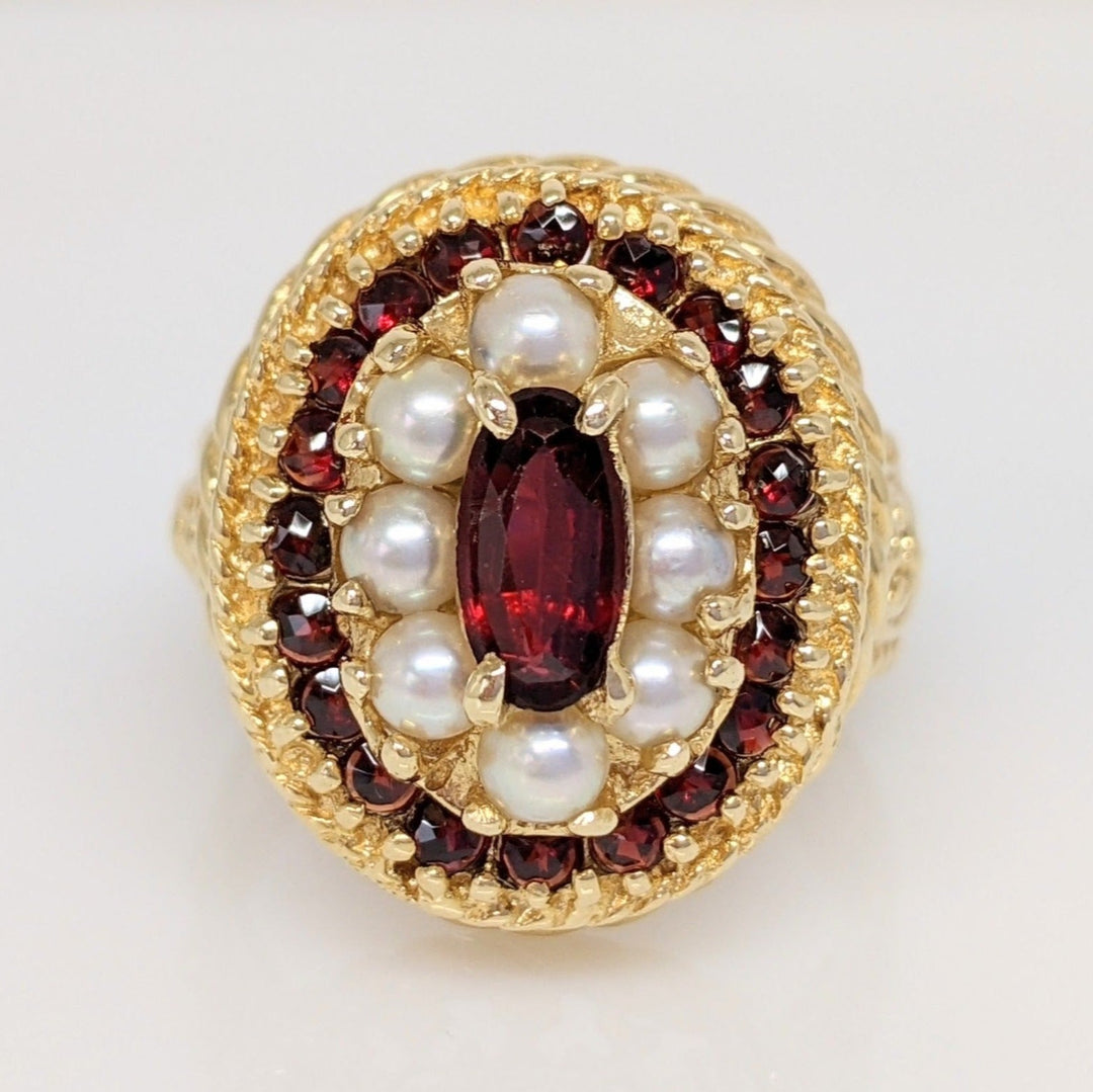 14K GARNET OVAL 4X8 WITH ROUND GARNET AND PEARL ESTATE RING 10.9 GRAMS